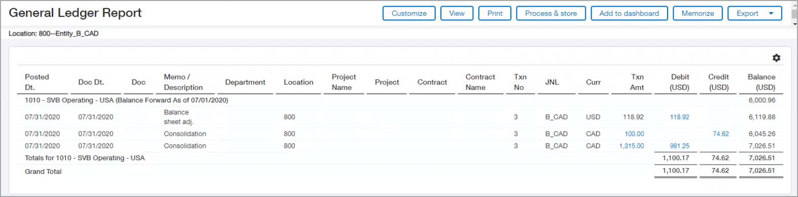 A GL report on the consolidation book shows the journal entry discussed in the preceding table.