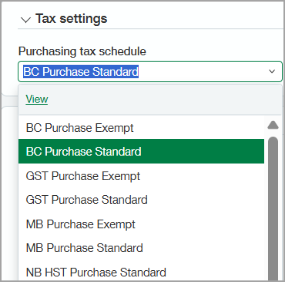 Drop down men for the purchasing tax schedule with GST Purchase Exempt selected.