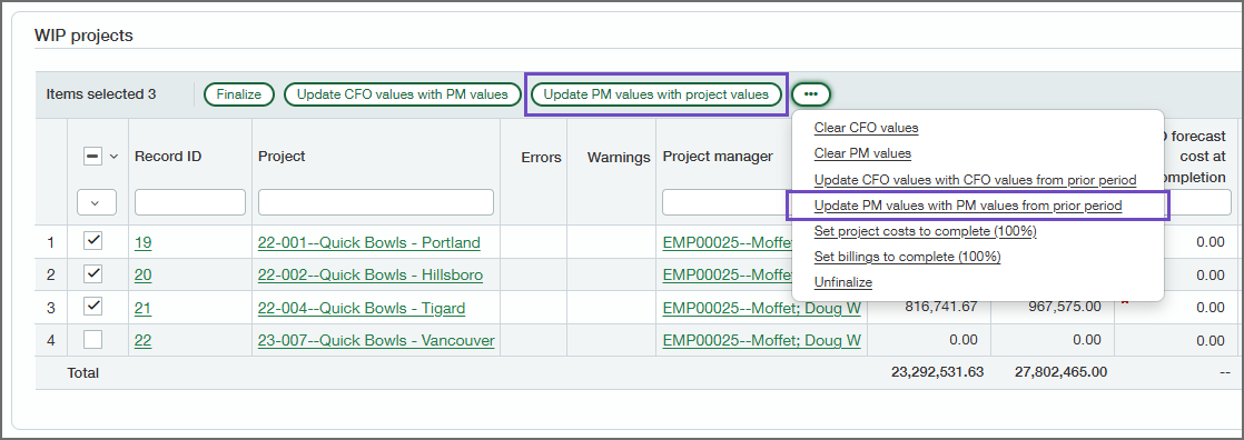 The WIP schedule grid with the buttons for updating PM forecasts circled.