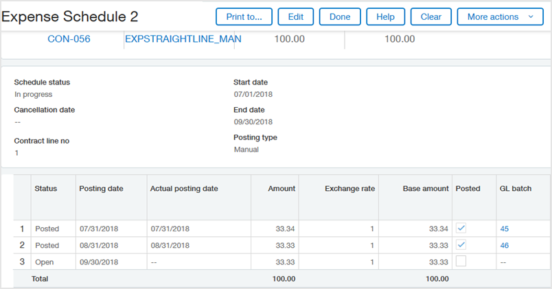 Expense schedule shows the expense posted through August 31.