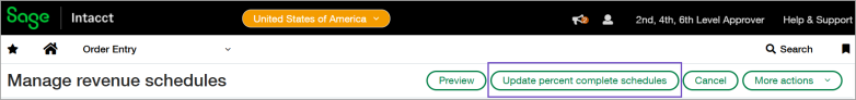 Manage revenue schedules page with the Update percent complete schedules button highlighted at the top of the page.