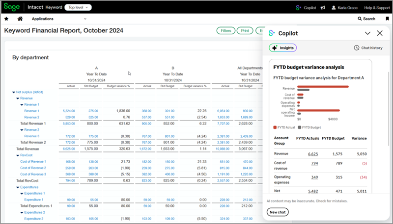 Shows the Copilot panel on the right side of the browser window. It is displayed over a financial report.