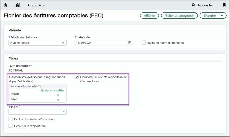Screenshot of French language Accounting entries file page with callout box for user-defined books