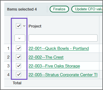 Edit WIP schedule page showing all projects selected