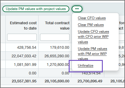 Edit WIP schedule page with the Unfinalize button circled