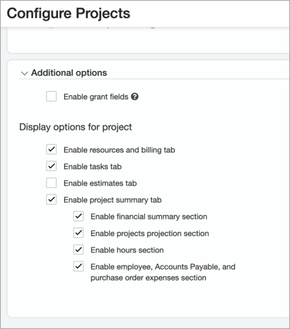 Shows options of tabs that you can display on projects.