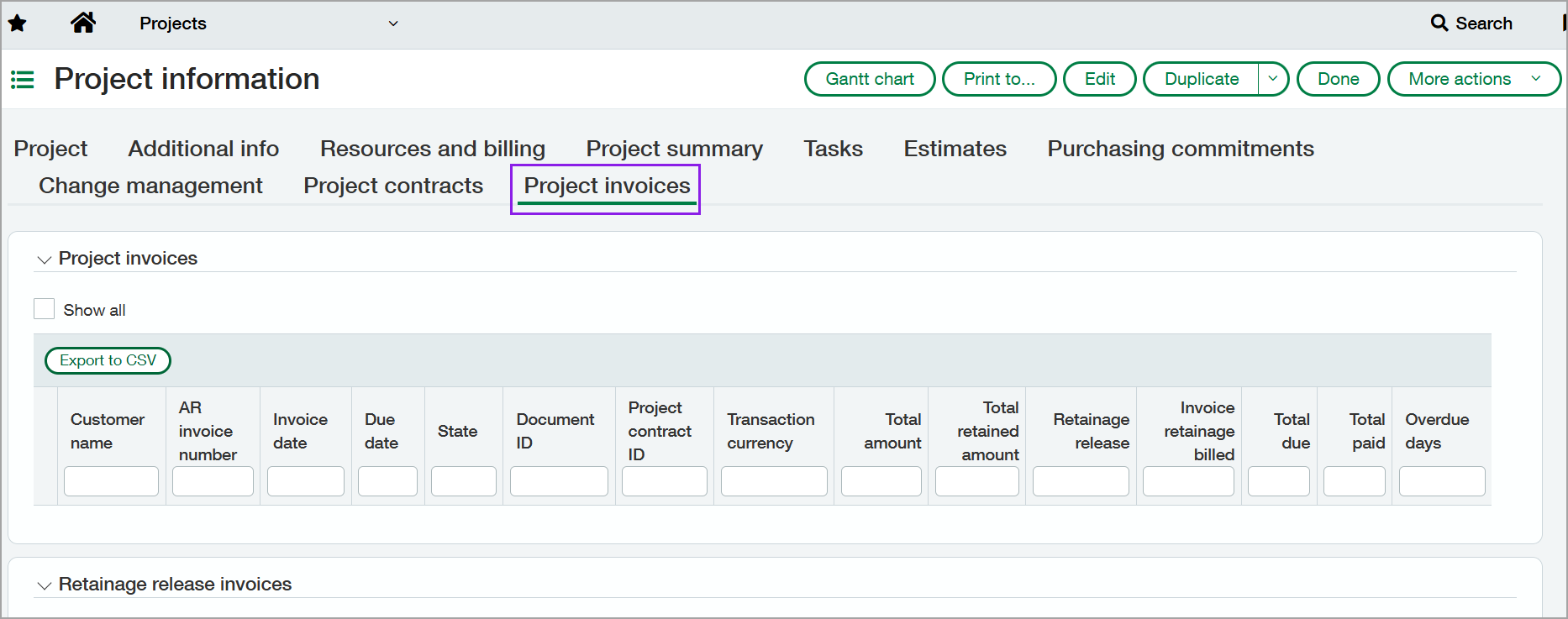 The Project invoices tab is selected on the Project information page.