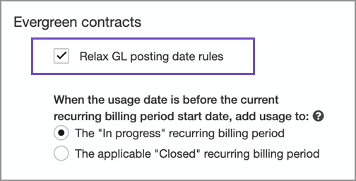 Evergreen contracts section of the contracts configuration page showing the Relax GL posting date rules settings.