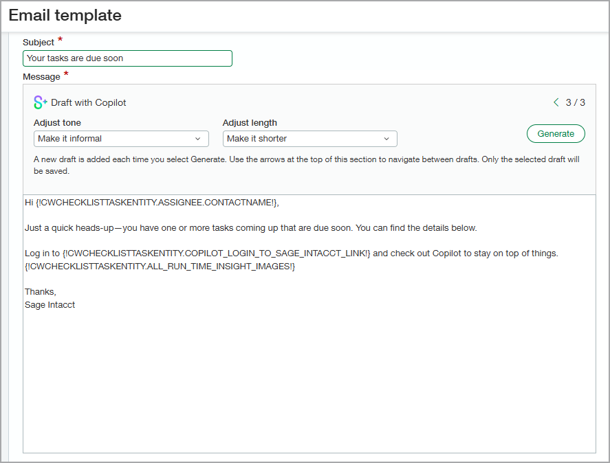 Email template showing the Draft with Copilot fields that are used to adjust the tone and length of the message. 