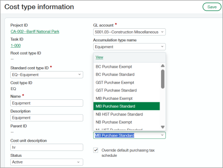 The Cost type information page with the Override default purchasing tax schedule checkbox selected and a different Purchasing tax schedule selected.