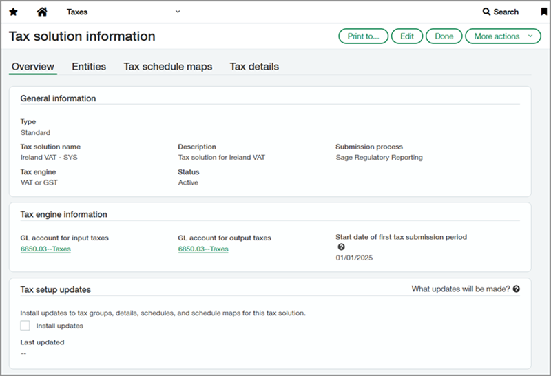 Screenshot of the Tax solution information page for Ireland VAT - SYS