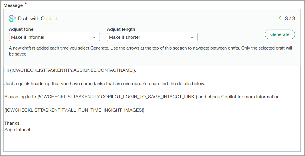 The Message section of the Email template page. 