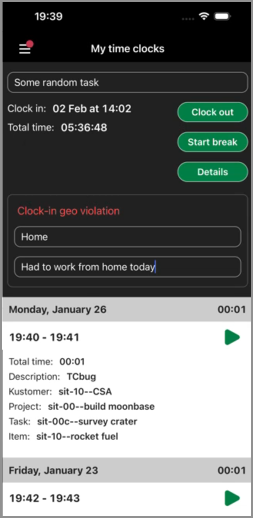 My time clocks list on the Sage Intelligent Time and Expense mobile app.