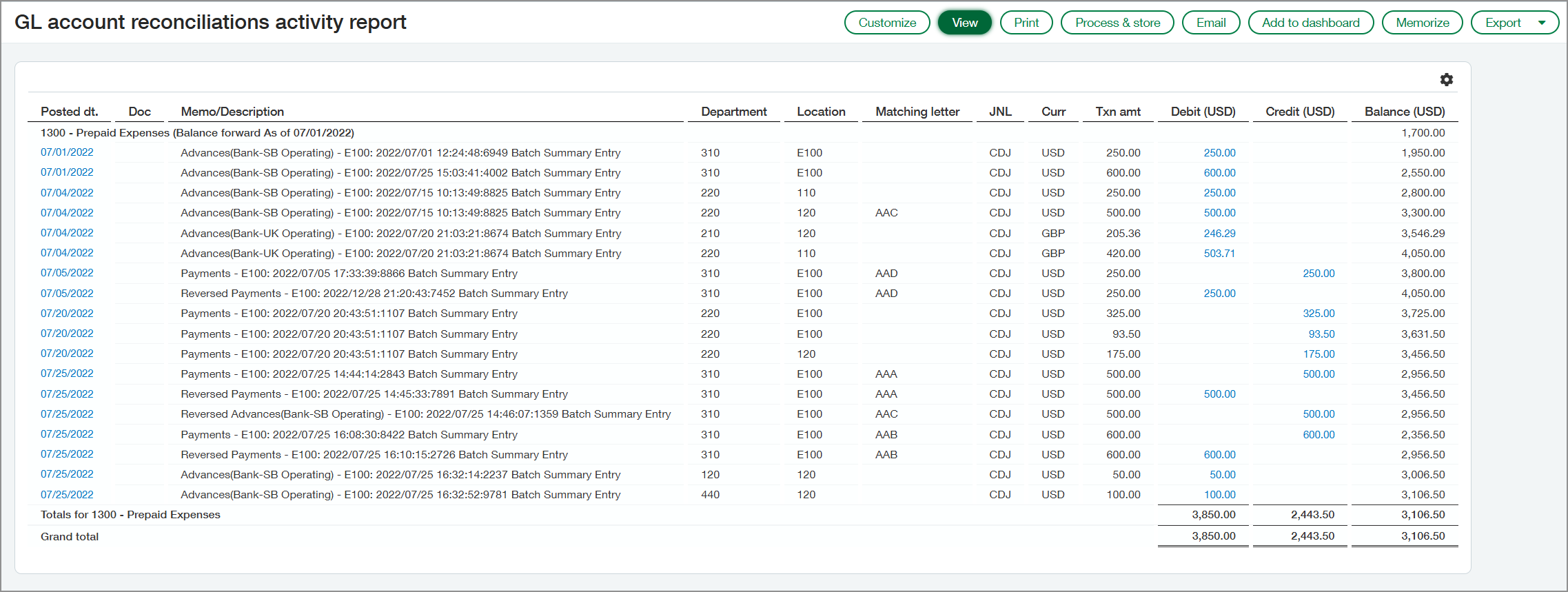 GL Account Reconciliation Activity report.