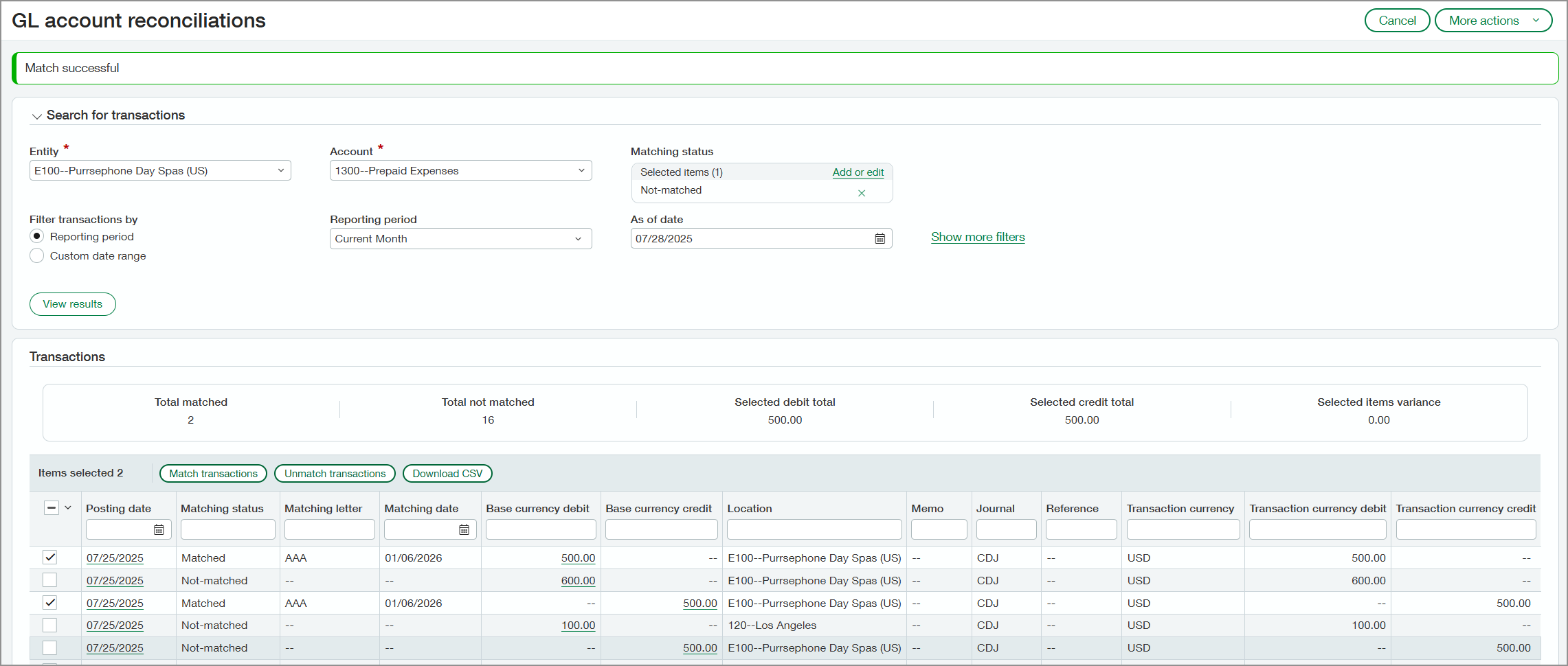 GL account reconciliations page indicating that the two selected transactions were matched successfully.