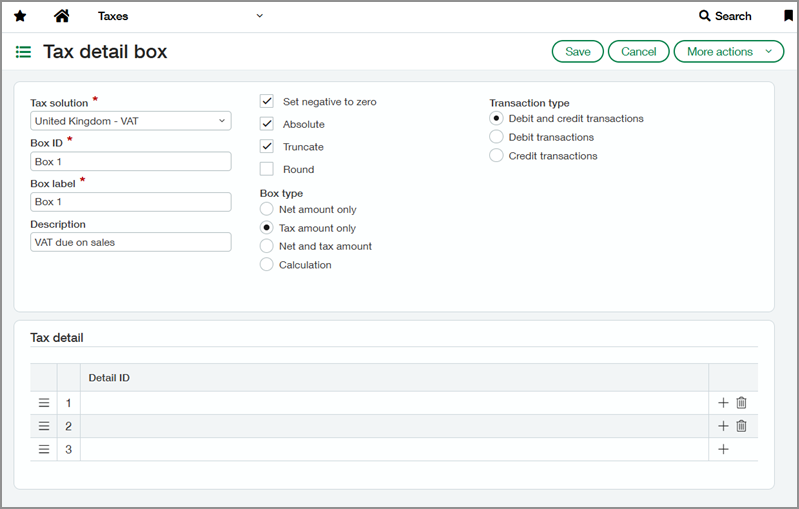Screenshot of Tax detail box definition page